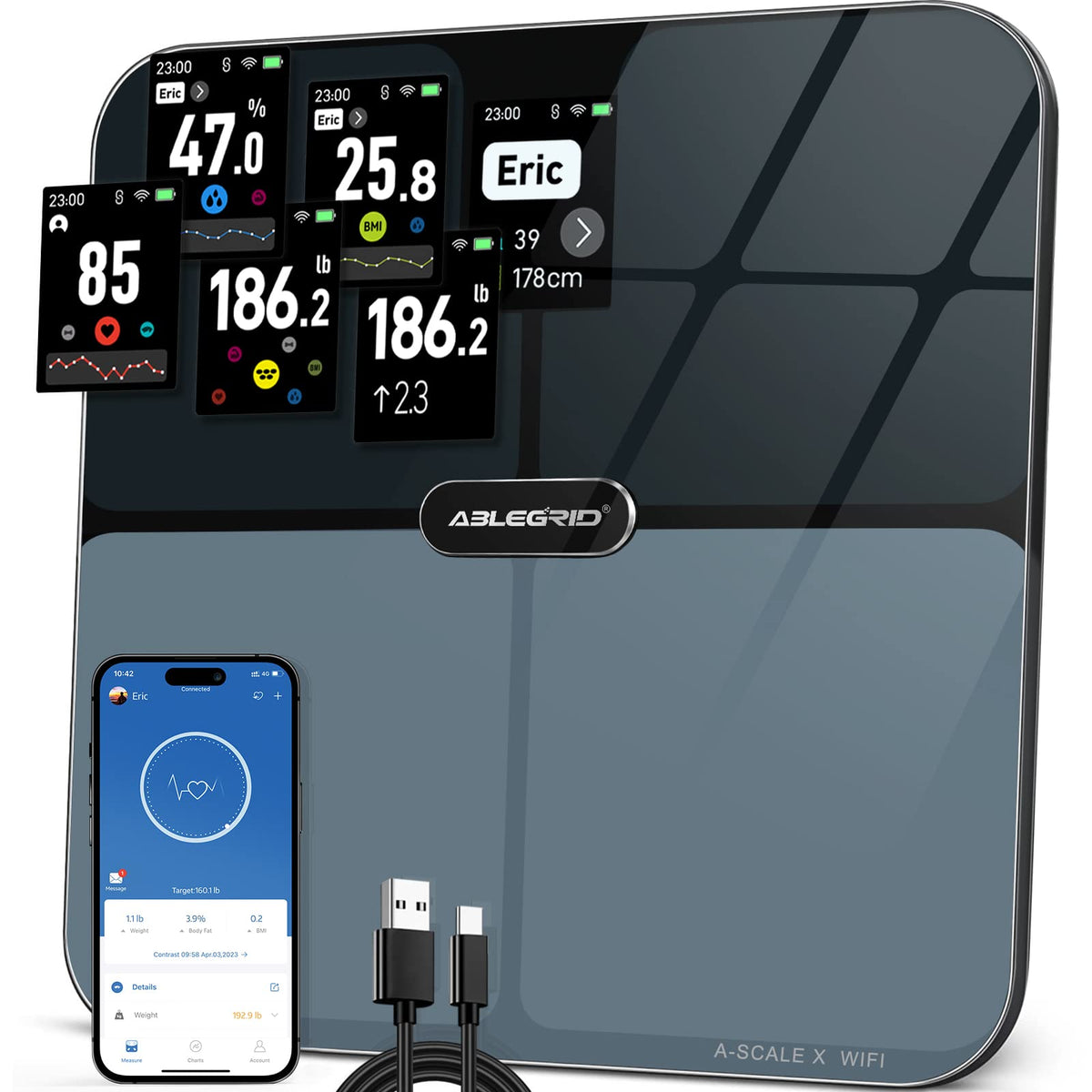 Body Fat Scale, ABLEGRID Digital Smart Bathroom Scale for Body Weight,  Large Display Weight Scale, 16 Body Composition Metrics BMI with Free APP