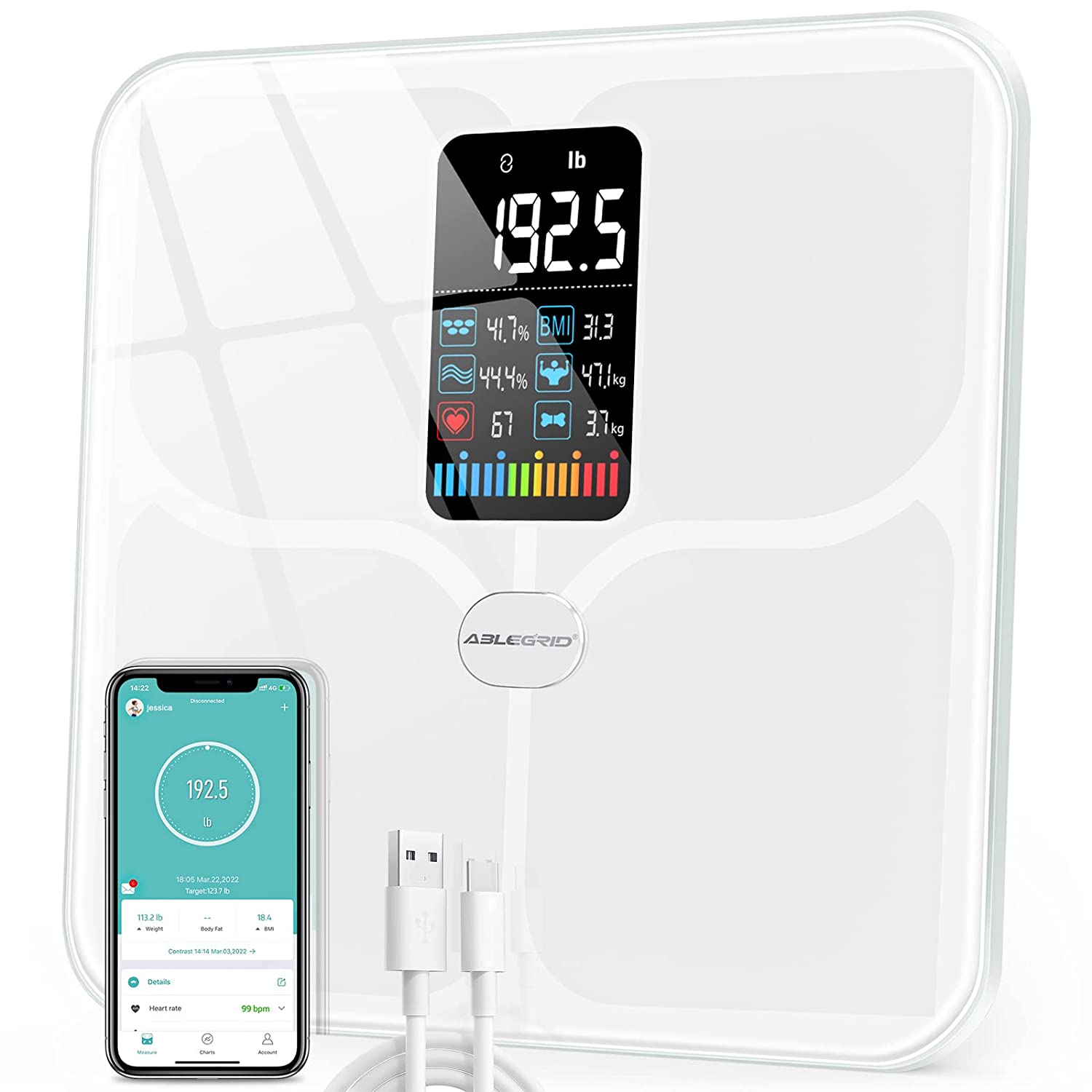 Etekcity Scales for Body Weight, Bathroom Digital Weight and Body Fat Scale for BMI, Rechargeable Smart Bluetooth Body Compos