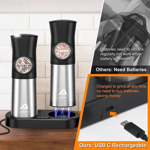 Rechargeable Electric Salt and Pepper Grinder Set With Charging Base  Automatic Salt Black Pepper Mill Refillable Spice Grinder