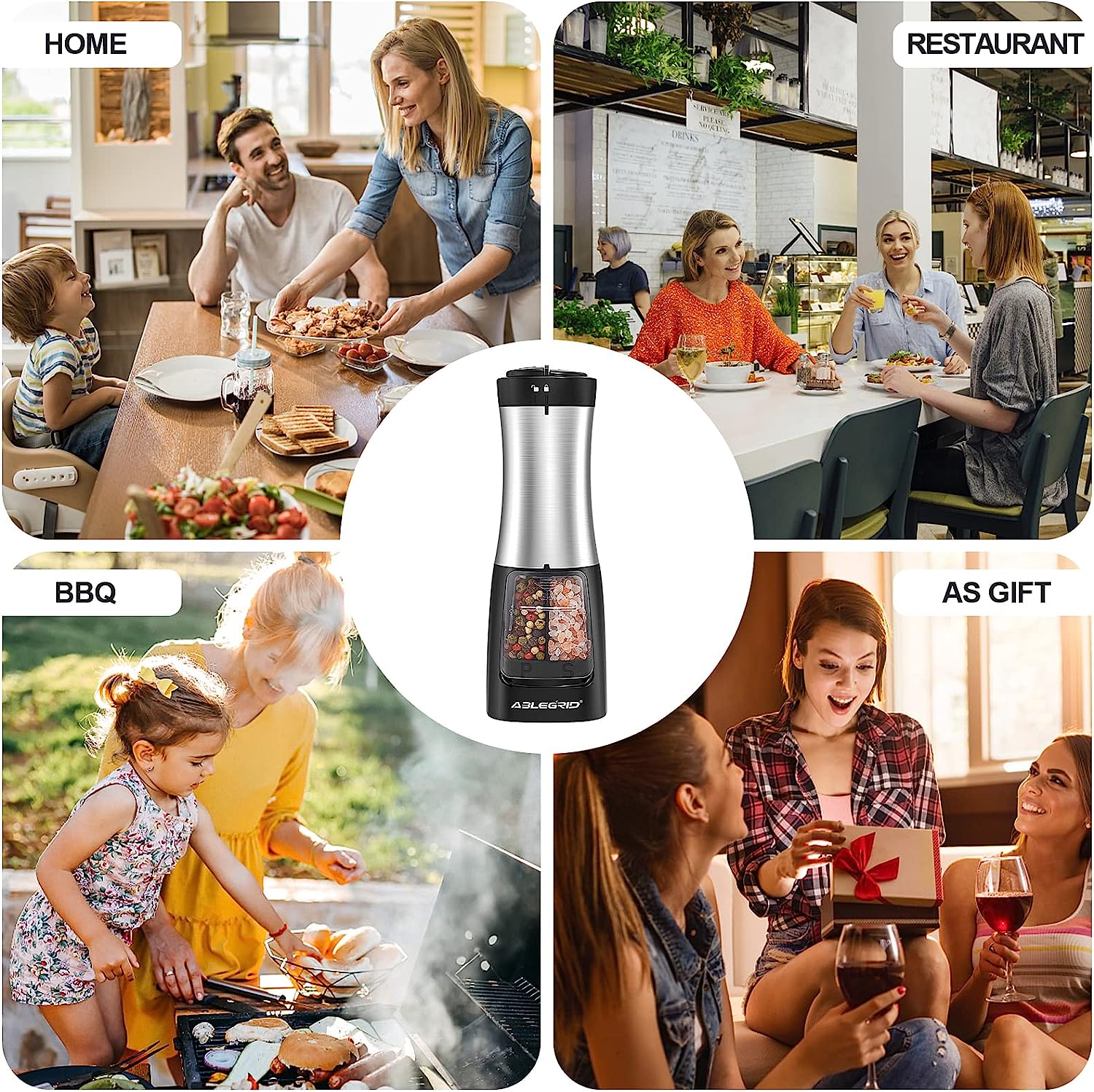 Electric Salt and Pepper Grinder Set - Battery Operated Stainless Steel  Mill with Light (Pack of 2 Mills) - Automatic One Handed Operation 